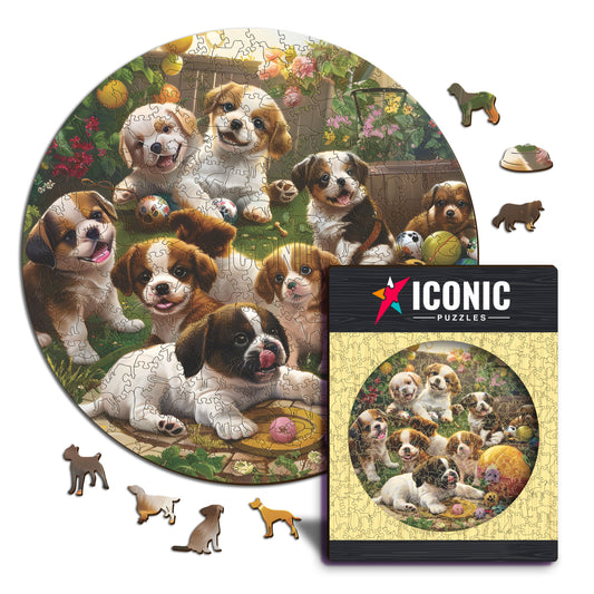 Cachorros en el Jardín - Rompecabezas de Madera